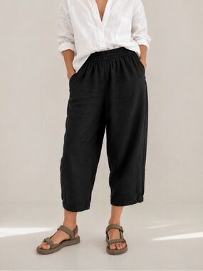 Beaton Linen Bobbi Pants Black 100% Linen Elastic Waist M